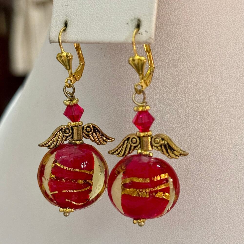 Red & Gold Artisan Glass Wing Disc Drop Earrings